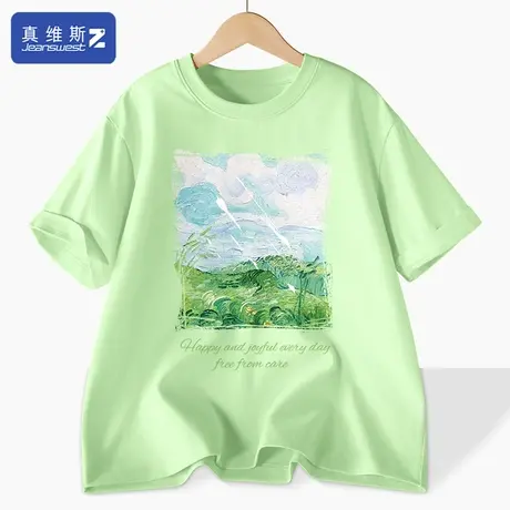 真维斯Z+纯棉短袖t恤女夏季2024新款爆款宽松上衣水绿色正肩体恤H图片