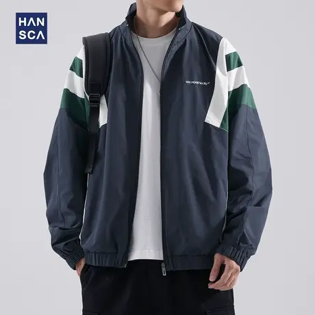 hansca美式撞色外套男宽松春秋季潮牌运动休闲上衣大码青少年夹克商品大图