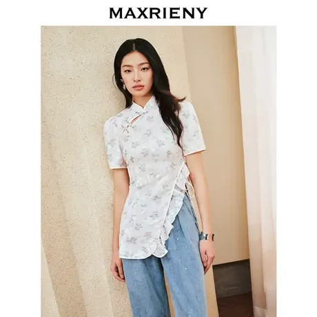 MAXRIENY新中式手工盘扣上衣女2024修身显瘦国风复古斜开叉雪纺衫商品大图