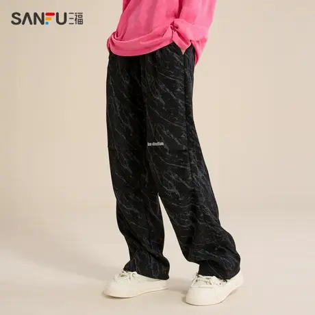 直播秒杀三福2024春季新款休闲裤男英文刺绣迷彩伞兵裤宽松直筒长商品大图