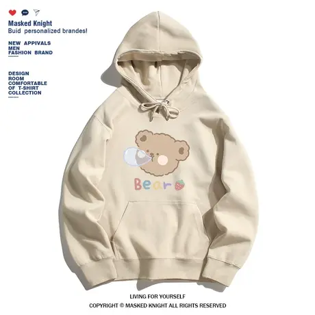 秋冬季潮牌卡通小熊印花卫衣男宽松休闲港风上衣学生情侣款帽衫图片
