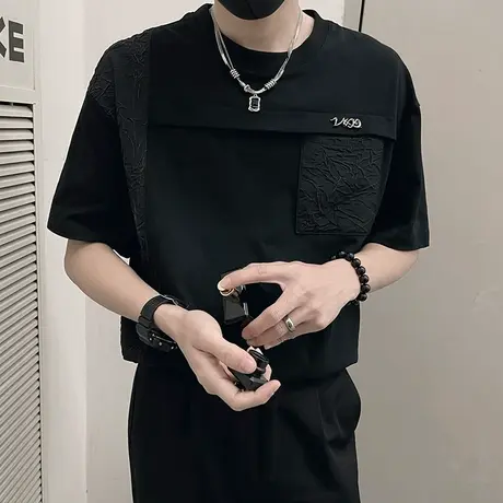 短袖T恤男夏季潮流韩版褶皱拼接上衣重磅宽松个性圆领体恤半截袖商品大图