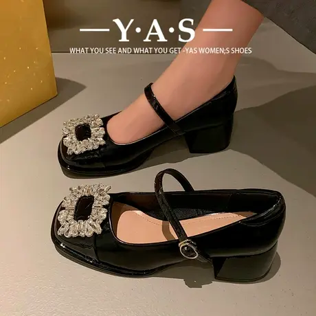 法式粗跟小香风气质单鞋女浅口一字扣玛丽珍高跟鞋配裙子中跟漆皮图片