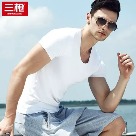 三枪全棉春夏纯棉薄款透气修身男士短袖T恤打底上衣汗衫打底衫商品大图