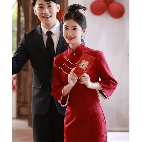 红色旗袍敬酒服小个子高级感2023新款新娘订婚结婚回门长袖连衣裙商品大图
