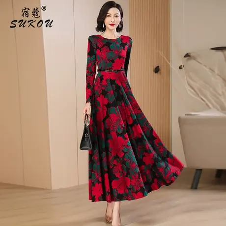 黑底红花复古丝绒连衣裙女2023秋装新款气质印花修身减龄大摆长裙图片