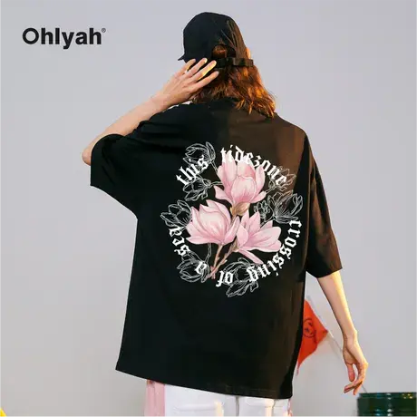 Ohlyah美式高街复古花卉短袖T恤男女同款宽松大码无性别情侣半袖商品大图