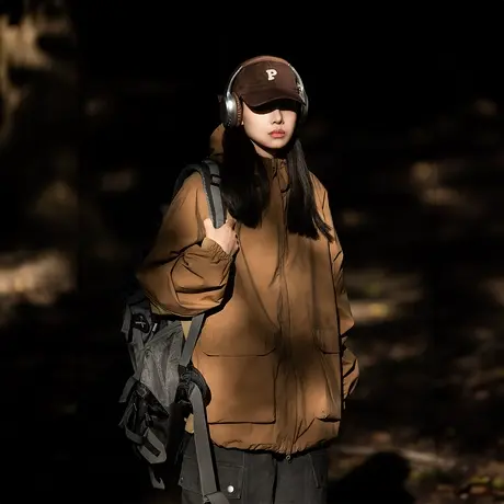 潮牌拼接连帽女春秋2023新款复古运动美拉德外套情侣装夹克商品大图