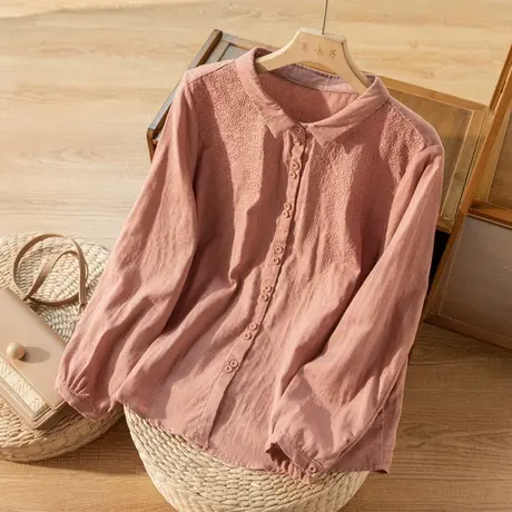 全棉衬衣女刺绣宽松2022春秋新款全棉上衣气质百搭显瘦漂亮衬衫女商品大图
