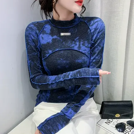 欧货撞色印染打底衫女内搭洋气个性紧身上衣春季半高领T恤长袖潮图片