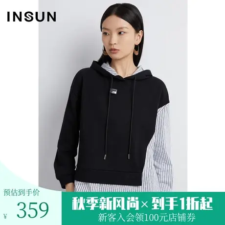 恩裳秋季时尚撞色条纹拼接舒适长绒棉休闲卫衣女图片