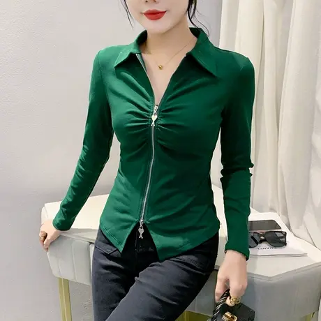 2023秋季拉链拼接上衣气质开叉POLO领T恤长袖洋气修身收腰打底衫图片