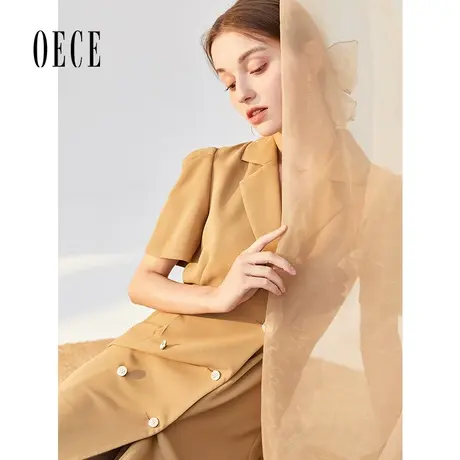 Oece夏装新款女洋气显瘦复古西装翻领泡泡袖连衣裙图片