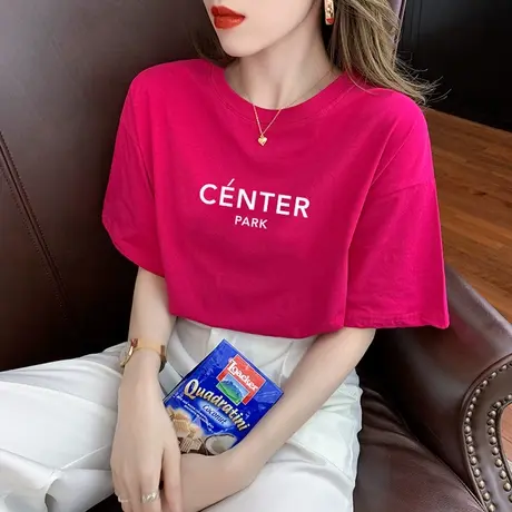 火龙果色t恤女短袖夏季宽松2023年新款设计感小众潮牌纯棉上衣ins商品大图