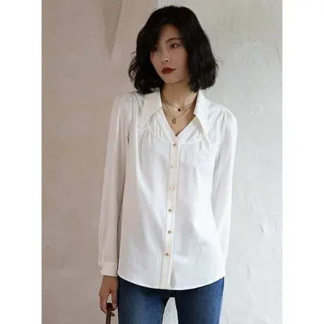 弥古白色法式尖领衬衫上衣女2023新款秋季长袖气质高级感小众衬衣商品大图
