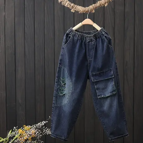 复古拼接破洞大口袋牛仔裤女春季新款松紧腰宽松九分裤休闲哈伦裤图片