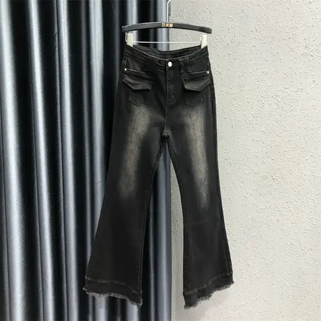 黑色高腰休闲微喇牛仔裤女2023年秋季时尚加长拖地显高阔脚直筒裤图片