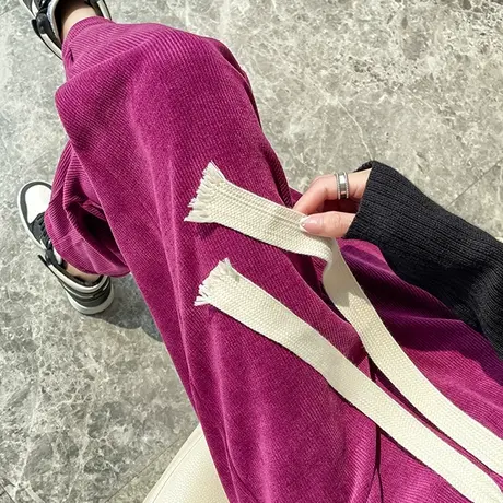 火龙果色灯芯绒裤子女九分秋冬新款高腰宽松显瘦休闲哈伦萝卜裤潮图片