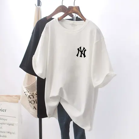 白色短袖t恤女欧洲站圆领春夏季2022新款中长款字母纯棉大码半袖图片