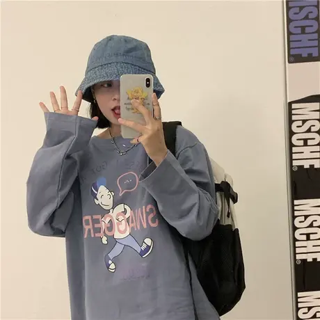 红续原创自制卡通可爱纯棉长袖T恤2020秋冬新款宽松百搭卫衣女生商品大图