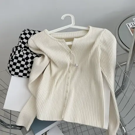 显身材小V领针织衫！2022坑条修身显瘦小个子短款纽扣开衫上衣女商品大图