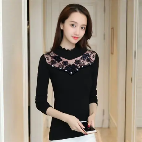 大牌蕾丝加绒加厚打底衫女秋季2023新款高端宽松小衫长袖黑色上衣图片