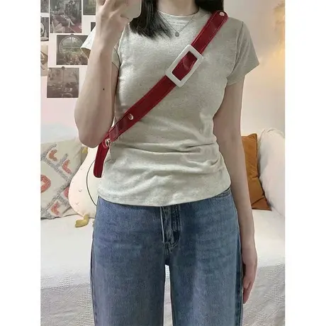 灰色正肩短袖t恤女ins潮夏季2023新款韩版修身chic港味上衣小个子图片