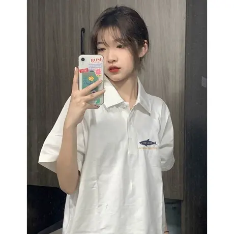 纯棉polo衫设计感短袖t恤女夏季新款小众翻领宽松半袖上衣小个子图片