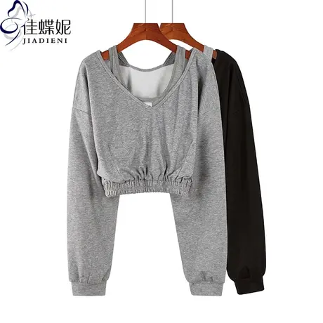 秋季新款韩版V领假两件宽松休闲纯色短款长袖体恤上衣纯白女装商品大图