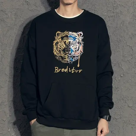 奕飏2021新款虎头刺绣卫衣男士潮牌宽松圆领套头男士秋装休闲外套商品大图