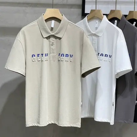 polo衫男春季新款美式休闲宽松立体压花翻领潮流百搭男士短袖T恤商品大图
