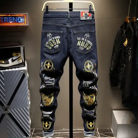 夏季款日系潮牌刺绣牛仔裤男直筒宽松赤耳韩版潮流男装百搭修身款商品大图
