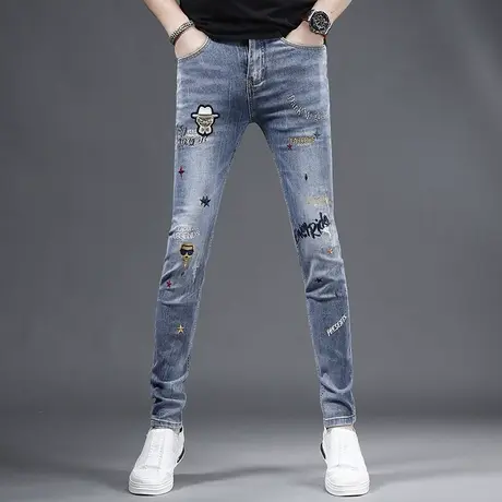 2023新款刺绣牛仔裤男款修身小脚裤潮牌潮流弹力高端男士裤子绣花商品大图