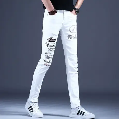 秋款潮流烫钻印花白色牛仔裤男款2023爆款夏天休闲裤子男士高级感商品大图