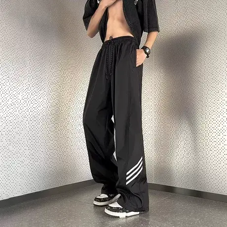 冰丝哈伦裤子男士夏季薄款宽松直筒潮牌ins欧美侧边条纹运动卫裤商品大图