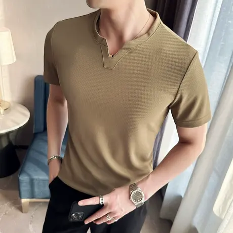网红小V领T恤男ins春夏素色短袖polo衫华夫格修身通勤百搭半袖TEE商品大图