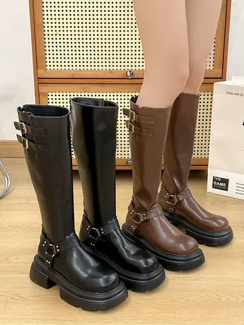 棕色小个子西部牛仔厚底靴子女长筒靴2023新款秋季粗跟显瘦骑士靴商品大图