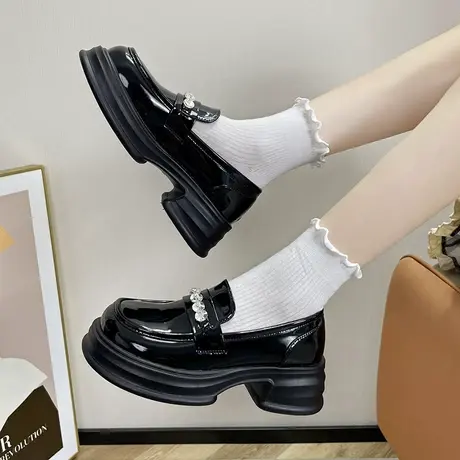 黑色小皮鞋女夏季2023年新款水钻厚底增高单鞋一脚蹬配裙子乐福鞋商品大图