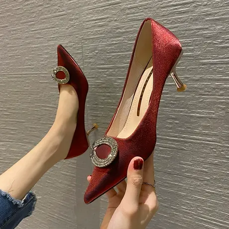 2023年春季新款仙女风尖头高跟鞋女细跟性感圆扣水钻百搭宴会单鞋商品大图