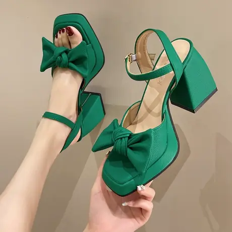蝴蝶结凉鞋女夏2023年新款百搭法式气质名媛粗跟厚底防水台高跟鞋商品大图