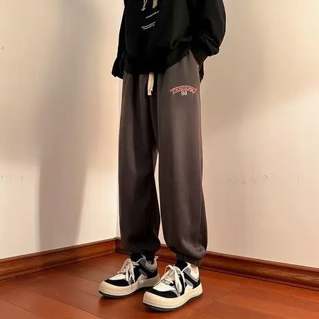 潮牌加绒卫裤男春秋季ins美式灰色宽松运动裤束脚阔腿休闲长裤子商品大图