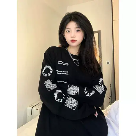 春秋大码胖mm韩版印花t恤女长袖高街ins潮显瘦bf风宽松上衣200斤商品大图