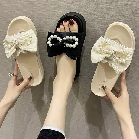 拖鞋女夏季外穿时尚珍珠蝴蝶结松糕一字拖防滑厚底增高家居凉拖鞋商品大图