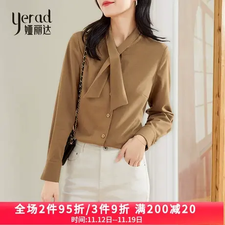 娅丽达磨毛衬衫女2023年秋季新款小众设计感飘带秋装长袖米色衬衣商品大图