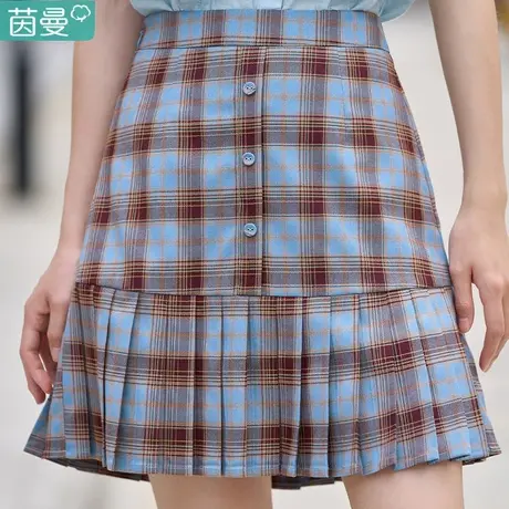 茵曼旗舰店格子半身裙女士2023夏季新款防走光显瘦高腰百褶短裙子图片