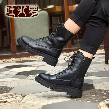 吐火罗女鞋2021春秋季新款百搭厚底粗跟马丁靴韩版系带英伦风女靴商品大图