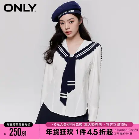 ONLY2023冬季新款百搭休闲海军领拼接领带长袖衬衫女|123105028商品大图