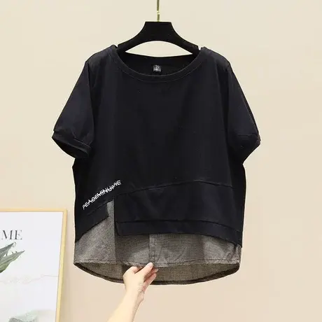 2023夏复古半袖文艺休闲格子拼接假宽松假两件卫衣T恤女棉质刺绣商品大图