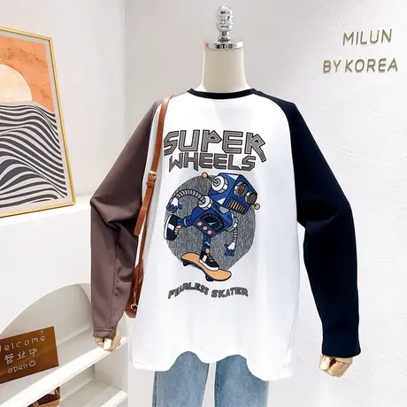 欧货时髦洋气上衣2023秋款原宿港风搞怪机器人拼色长袖T恤衫大码图片