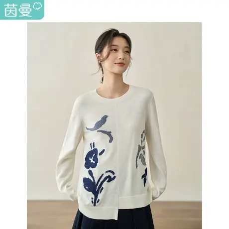 【商场同款】茵曼提花毛衣2023秋季女装新款不规则下摆显瘦上衣商品大图